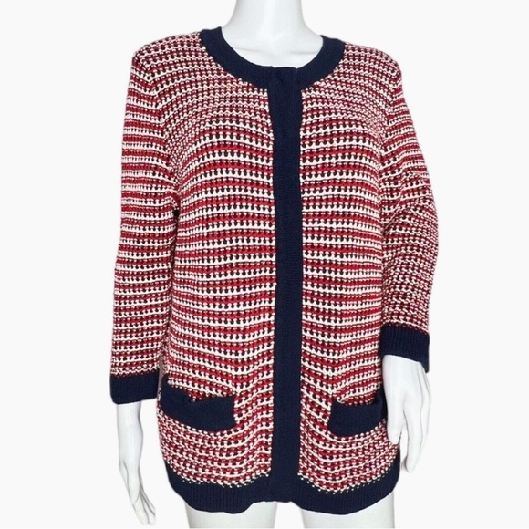 Talbots Blazer Style Cardigan Size M Petite Red, Blue and White Classic Chunky - Picture 2 of 11